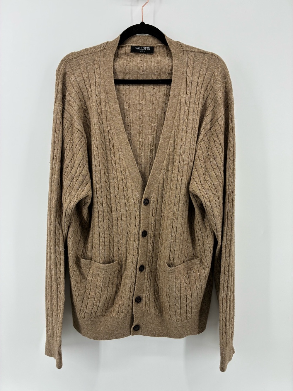 Vintage Kallspin Wool & Cashmere Blend Fisherman Tan Cable Knit Cardigan